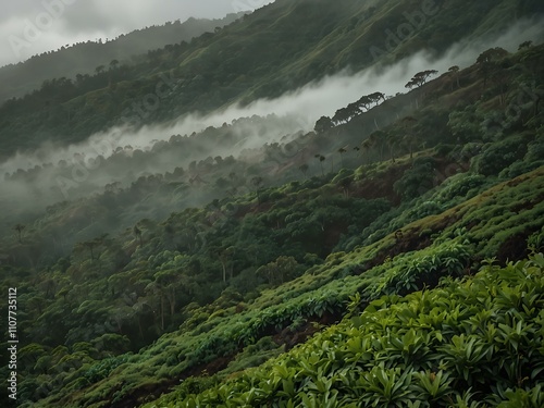 Misty green hills leading to Mamalahoa Forest, Oahu. photo