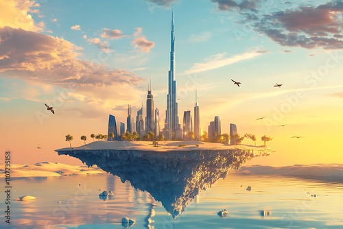 Stunning aerial view of a futuristic floating city above the clouds.