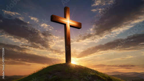 A cross is in a field of pink flowers. The sun is setting in the background. The scene is peaceful and serene