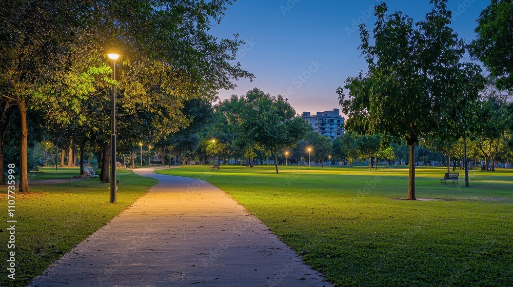 Obraz premium A serene park pathway illuminated by streetlights, surrounded by lush greenery at dusk, creating a tranquil atmosphere.