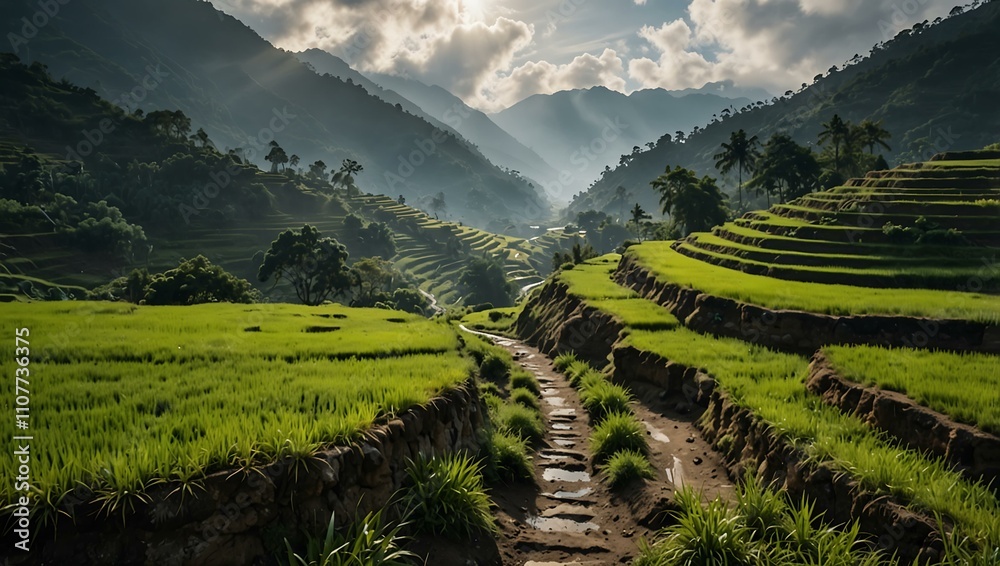 Obraz premium Misty mountain valley with rice terraces and path.