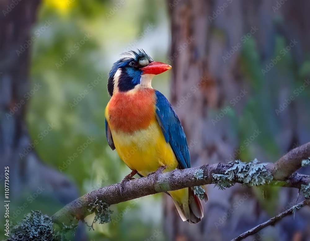 A nice, colorful bird sits on a branch of a tree in the forest. A nice, colorful bird sits on a branch of a tree in the forest.