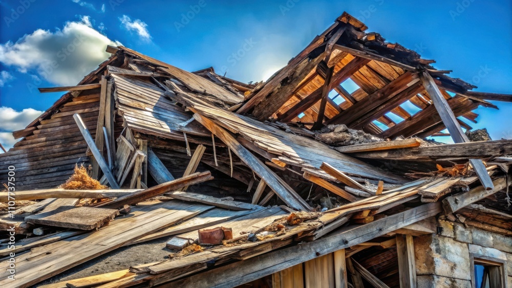 The skeletal remains of a wooden structure stand tall against a backdrop of blue sky and puffy clouds, a testament to the relentless passage of time and the enduring presence of nature's forces. The skeletal remains of a wooden structure stand tall against a backdrop of blue sky and puffy clouds, a testament to the relentless passage of time and the enduring presence of nature's forces.