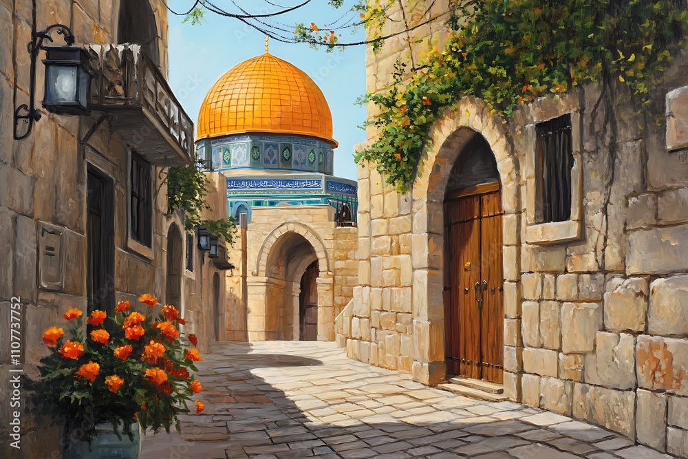 Fototapeta premium painting . Jerusalem, Israel Dome of the Rock. The Islamic sanctuary is on the temple hill. One of the oldest and holiest places in the Islamic world.
