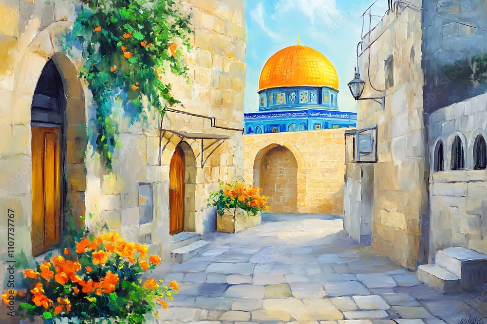 Fototapeta premium painting . Jerusalem, Israel Dome of the Rock. The Islamic sanctuary is on the temple hill. One of the oldest and holiest places in the Islamic world.