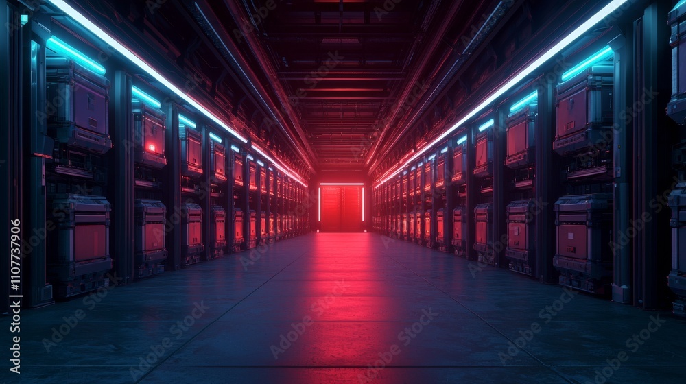 Fototapeta premium A futuristic corridor lined with glowing servers, illuminated by vibrant blue and red lights, leading to a bright, mysterious exit.