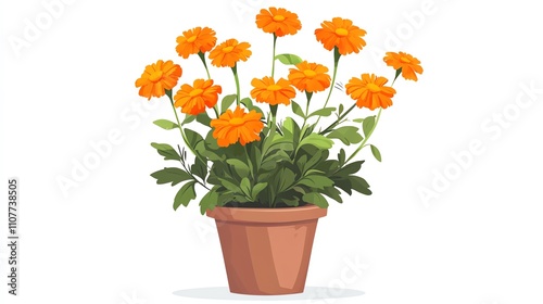 Wallpaper Mural a 2D cartoon illustration of a potted marigold plant with orange flowers, bright and vibrant, white background--ar 16:9 Torontodigital.ca