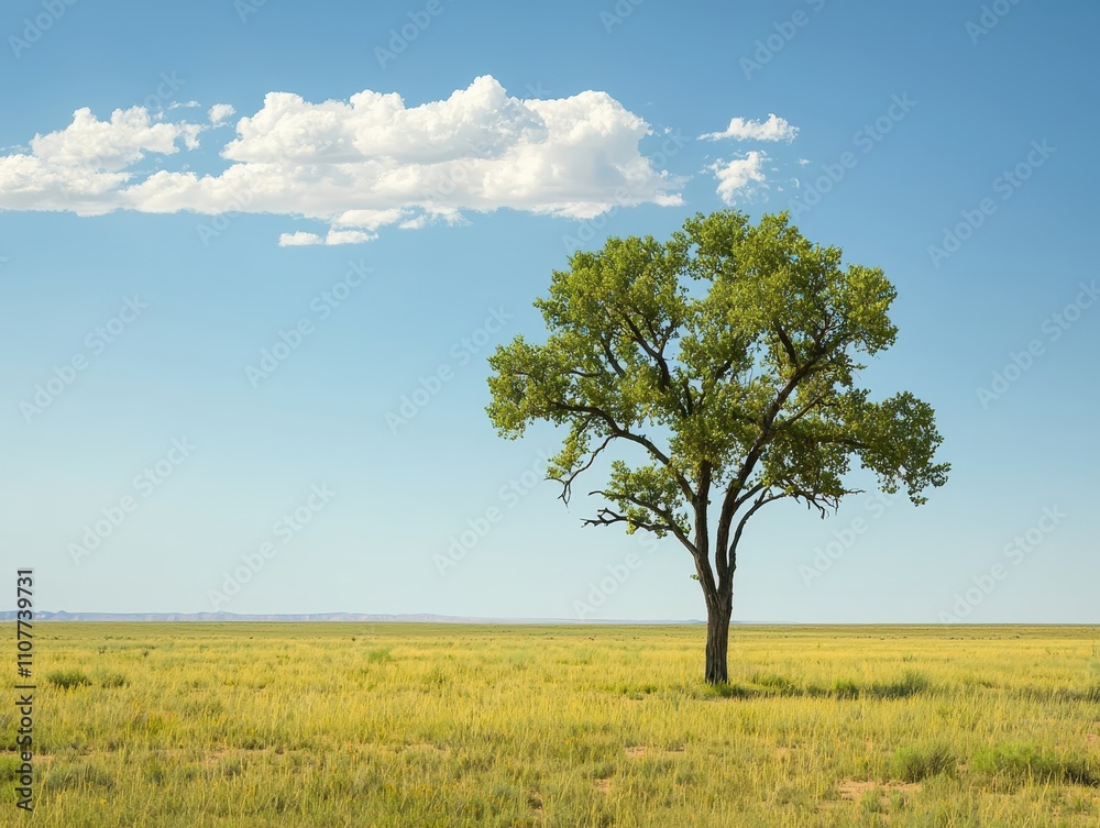 Fototapeta premium A solitary tree stands in a vast, open field under a clear blue sky, highlighted by a few fluffy clouds, creating a serene and tranquil landscape.