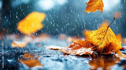 A dynamic capture of autumn leaves floating down amidst rainfall, enriching the wet ground with color and texture, merging nature's theatrical display with atmospheric ambiance. photo