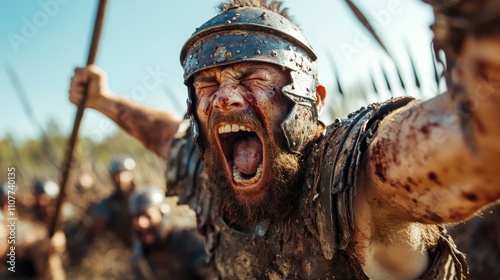 A roaring warrior clad in a helmet stands fierce among spears, highlighting unity and courageous spirit, symbolic of ancient military strength and valor. photo