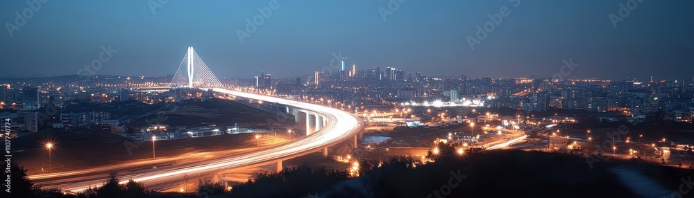 Fototapeta premium A stunning night view of a city skyline with illuminated buildings and a winding highway, showcasing urban beauty and vibrant lights.