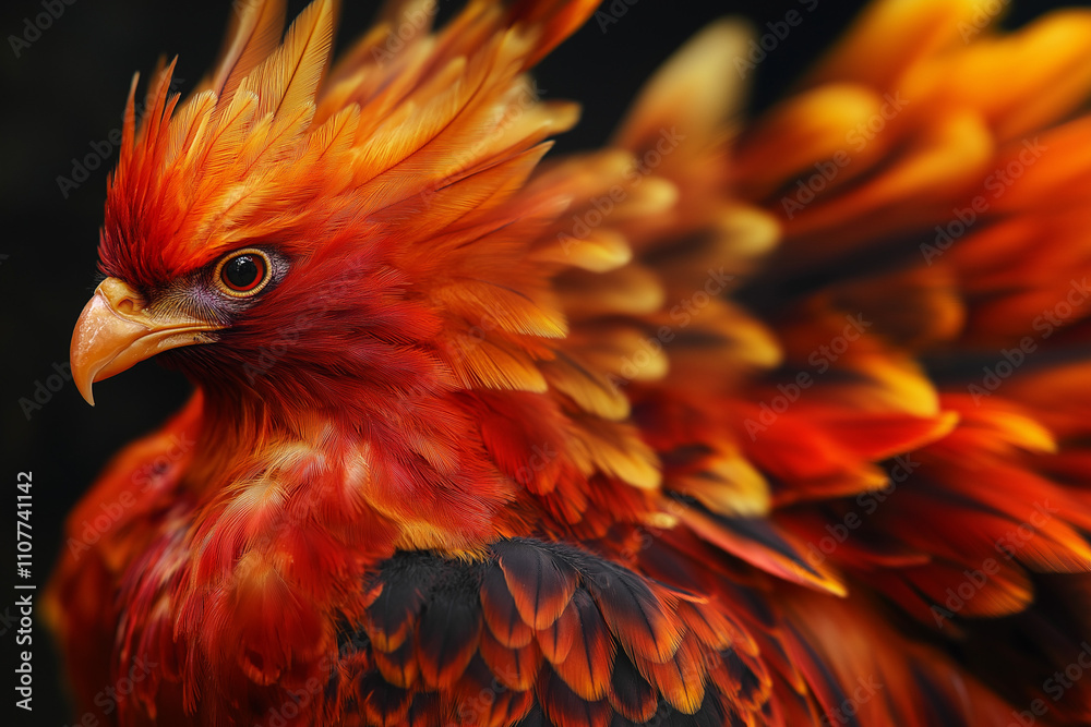 Obraz premium Colorful phoenix symbolizing rebirth with vibrant red and orange feathers