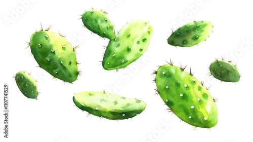 Vibrant watercolor illustration of green cactus pads against a clean white background, showcasing the unique textures and shapes of succulent plants. photo