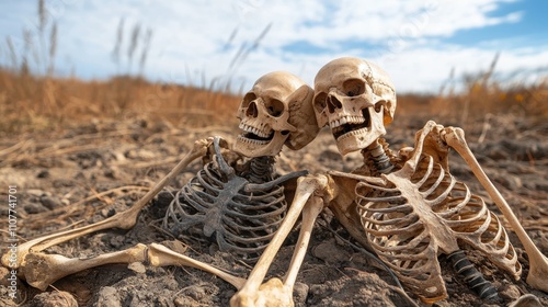 Two skeletons rest side by side on the dry earth of an arid landscape. A visual representation of eternity and companionship beyond time and seasons. photo