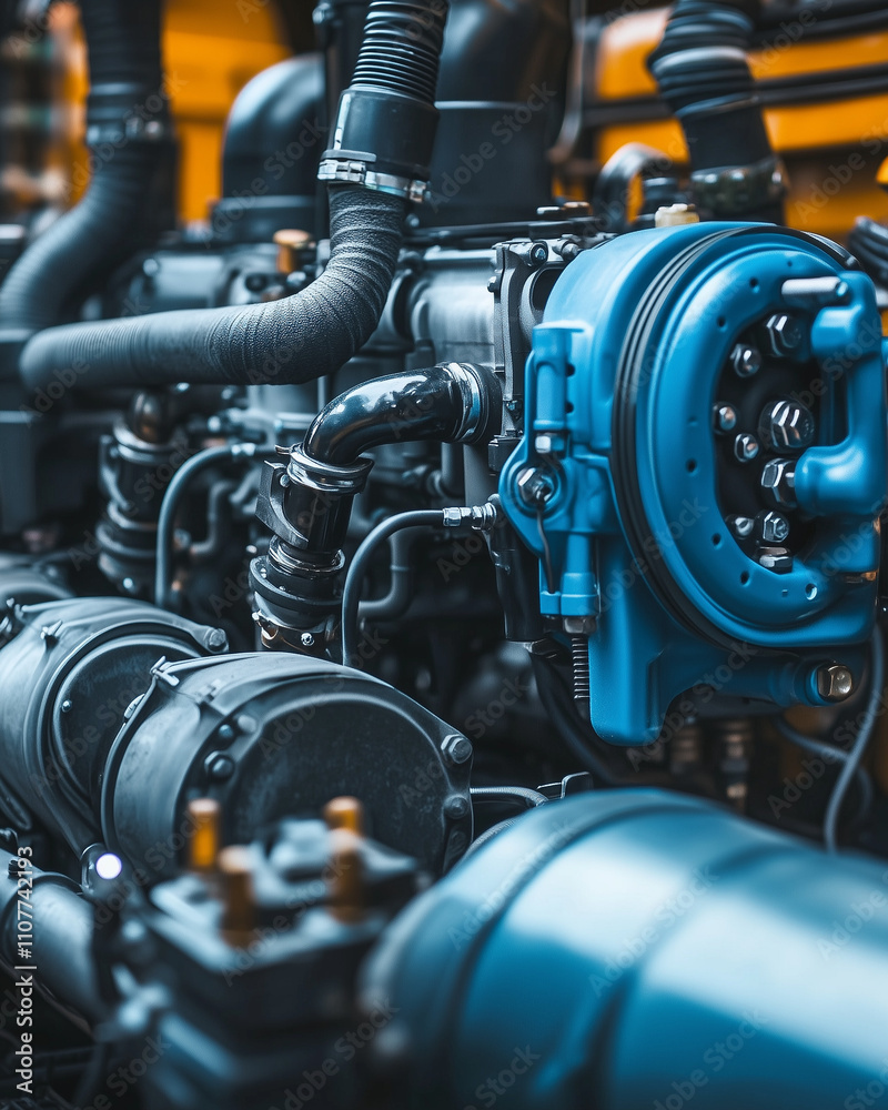 Obraz premium Close-up of industrial machinery with blue and black components