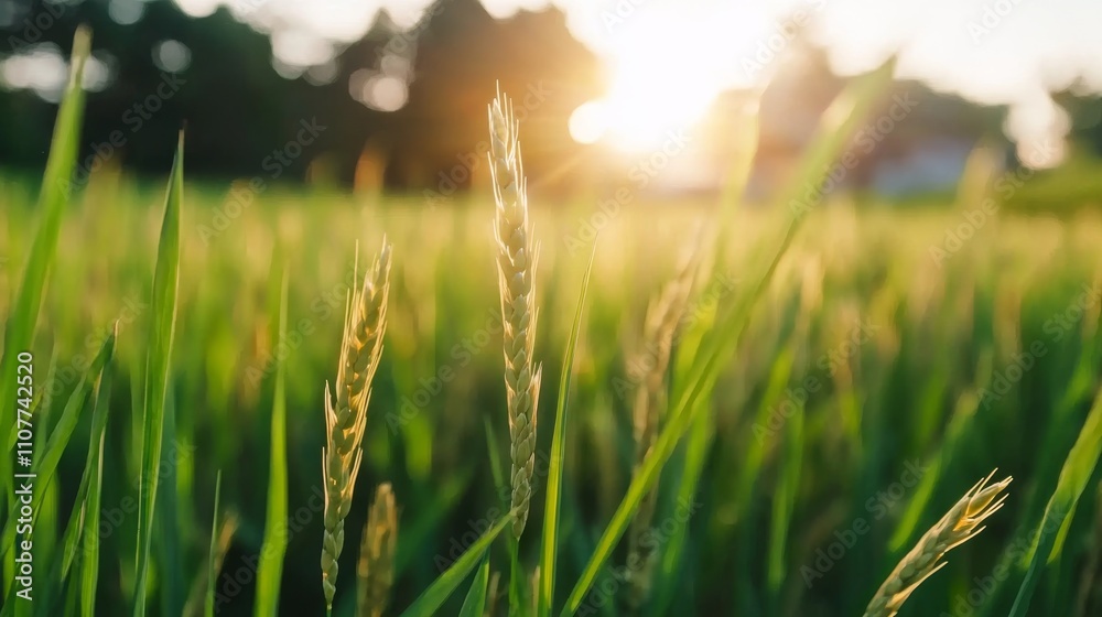 Obraz premium ears of rice grain sunlight concept. Sunrise over green grass field