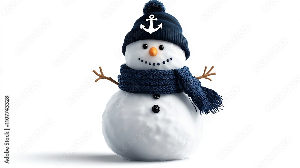 Obraz premium A cheerful snowman wearing a navy blue hat with an anchor design and a matching scarf, set against a clean white background. Perfect for winter themes and festive decorations.