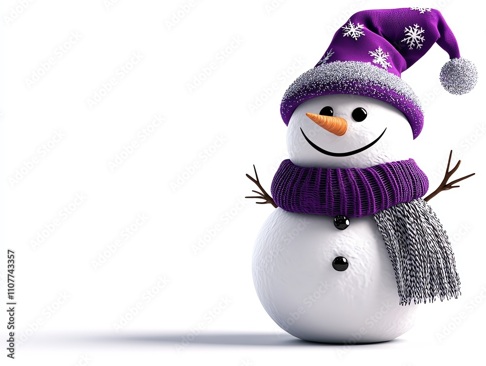 Obraz premium A cheerful snowman with a purple hat and scarf, smiling warmly, standing on a white isolated background ready to bring in the holiday spirit.