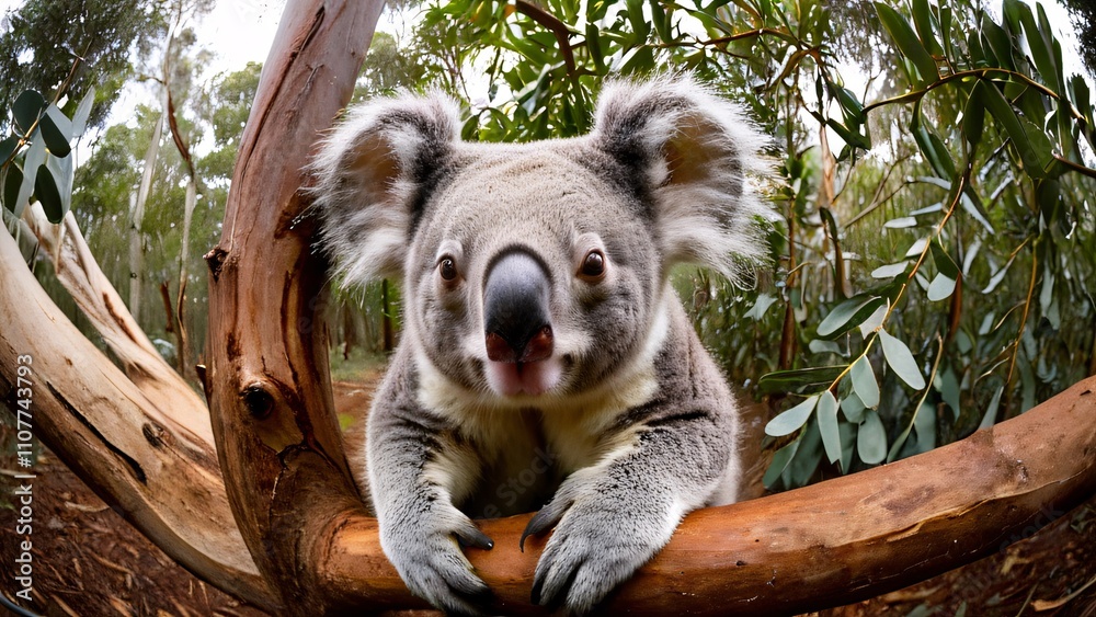 Fototapeta premium Sleepy Koala Resting in Eucalyptus Tree with Serene Expression