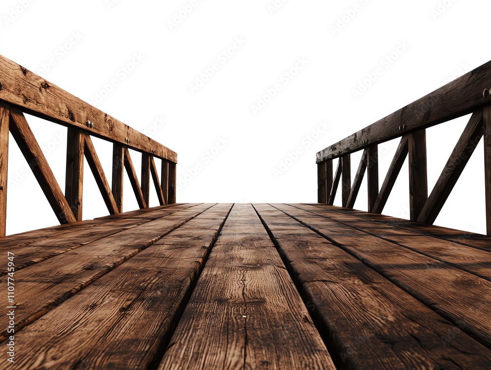 Fototapeta premium A wooden dock extending into the distance, showcasing a serene perspective against a white isolated background. Perfect for themes of tranquility and nature.