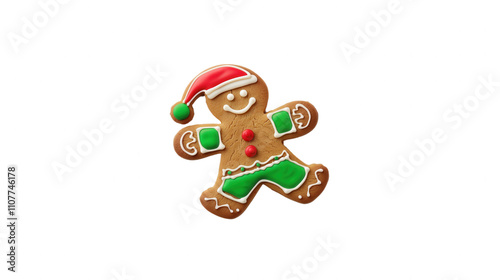 A gingerbread man with a red hat and green shorts