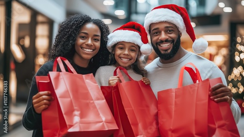 Smiling family shopping for Christmas, holding festive red bags in a decorated mall with a Christmas tree, lights, and gifts in the background.
