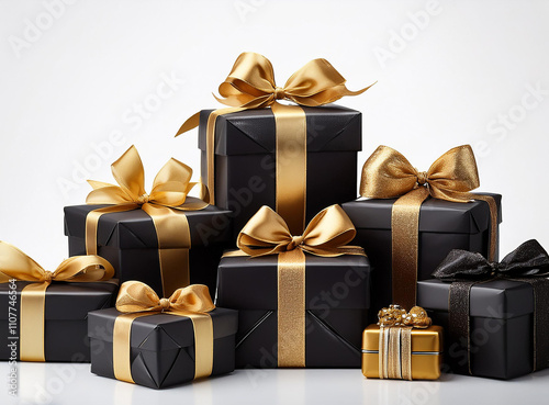 A pile of black and golden present boxes. photo