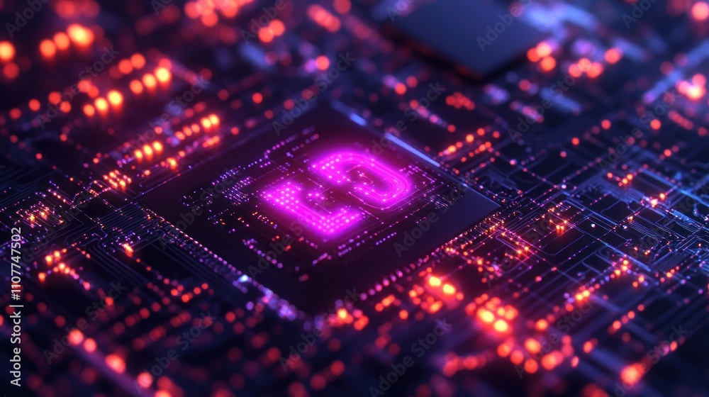 Fototapeta premium A glowing pink 'LD' logo on a circuit board with a futuristic, high-tech aesthetic.