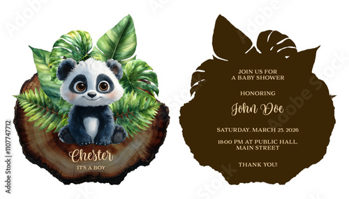 Jungle baby shower invitation with a cute panda illustration on a wooden slice background, surrounded by lush tropical leaves. Perfect for boy-themed baby showers or safari-style celebrations