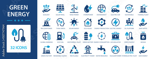 Green energy flat icons collection. Ecological methods of energy production and ecosystem preservation set.