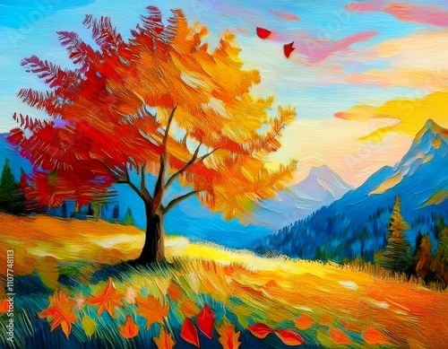 Painting of a tree with colorful flowers in the autumn season. Oil color painting. Generative AI.