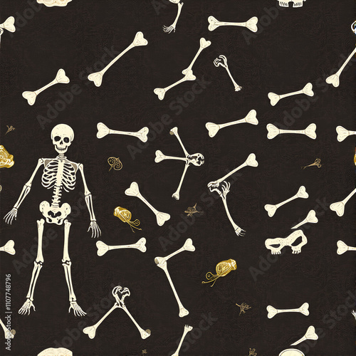 A romanticized skeleton wallpaper with elegant bone illustrations set against a richly textured photo