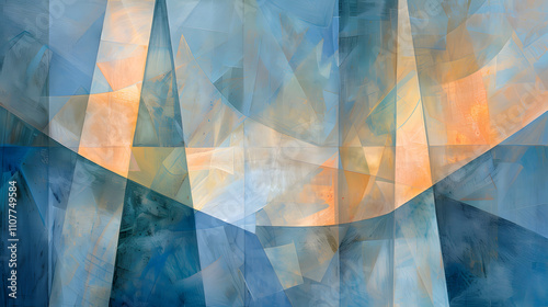 Abstract composition featuring geometric shapes in cool tones with warm highlights.