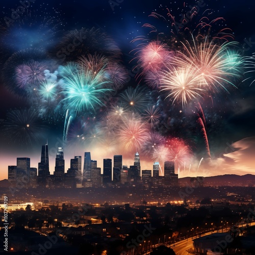 Spectacular Fireworks Display Over Los Angeles Skyline at Night photo