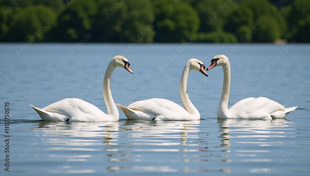 Fototapeta premium Three graceful swans glide serenely across calm water captured with an artistic touch
