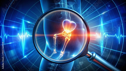 Knee Joint Examination with Magnifying Glass and Neon Heart Pulse: Exploring Innovative Digital Health Monitoring and Medical Technology for Body Health Checkups photo