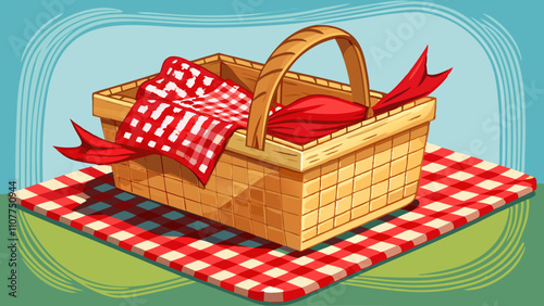 Wicker picnic basket with red checked napkin.