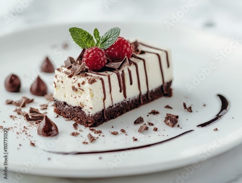 Delicious dessert with creamy cheesecake, chocolate drizzle, fresh raspberries, and mint on a white plate. Perfect for gourmet food lovers. photo