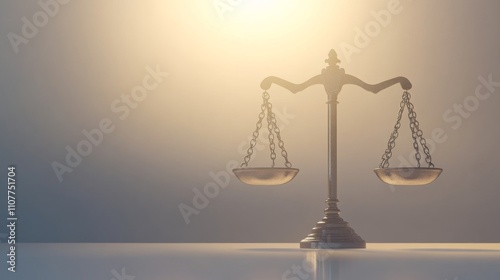 An artistic image showcasing golden scales of justice illuminated by soft, warm sunlight, symbolizing fair judgment and integrity in legal matters. photo