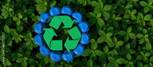 A circular arrangement of blue plastic caps encircles the iconic green recycling symbol against a verdant backdrop photo