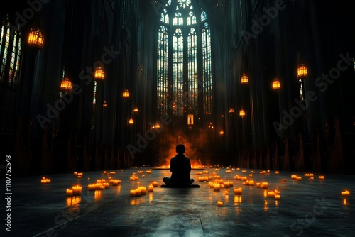 Person Meditating in Cathedral with Candles and Lanterns photo