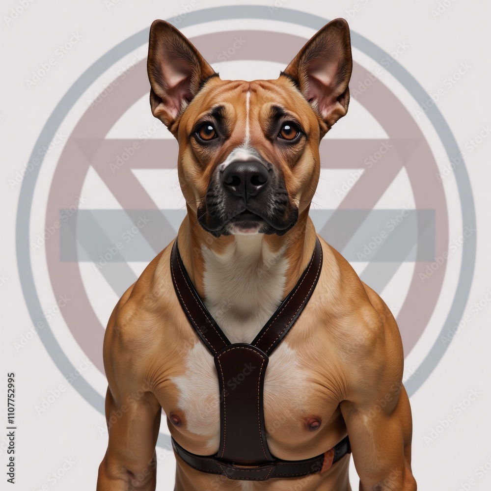 Obraz premium Male pup depicted with a leather harness showcasing circular rainbow emblem against no background