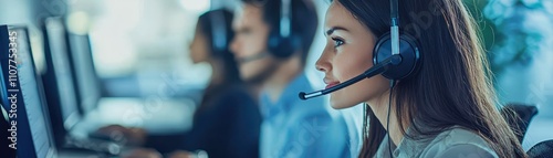 Focused call center agents wearing headsets working with clients in an office environment, providing professional customer service assistance.