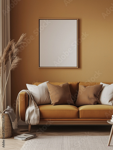 A mid century modern loungeroom mockup with a blank wall to insert image art