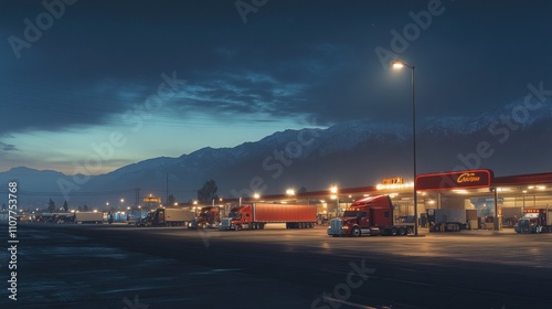 Night scene at a truck stop with mountains in the background.