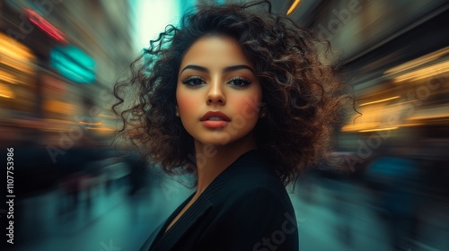 A striking woman with curly hair stands confidently in front of a blurred city street, capturing the essence of urban life and the beauty of human presence within it.