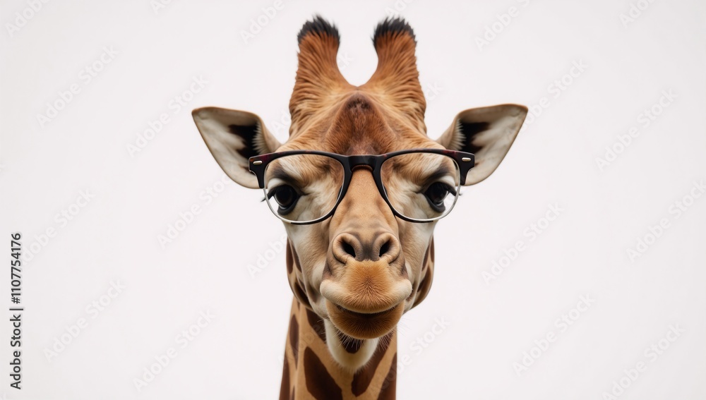 Close-up portrait of a giraffe donning eyeglasses with a stern expression set against a pristine white backdrop