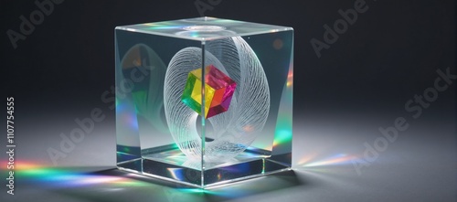 Rendered image Crystal glass cube containing chromatic rainbow-colored geometrical blocks and a wavy line of clear ribbons Glossy holographic gradated square box with dispersive lighting effects photo