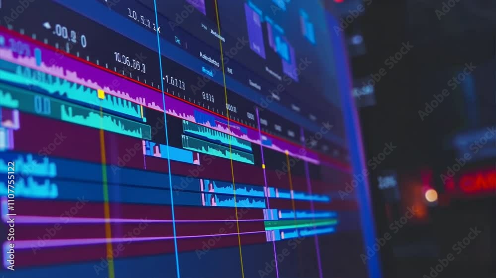 Exploring Digital Audio Editing Software Close Up on Colorful Waveforms, Timelines, and Art of Sound Production and Technology Exploring Digital Audio Editing Software Close Up on Colorful Waveforms, Timelines, and Art of Sound Production and Technology