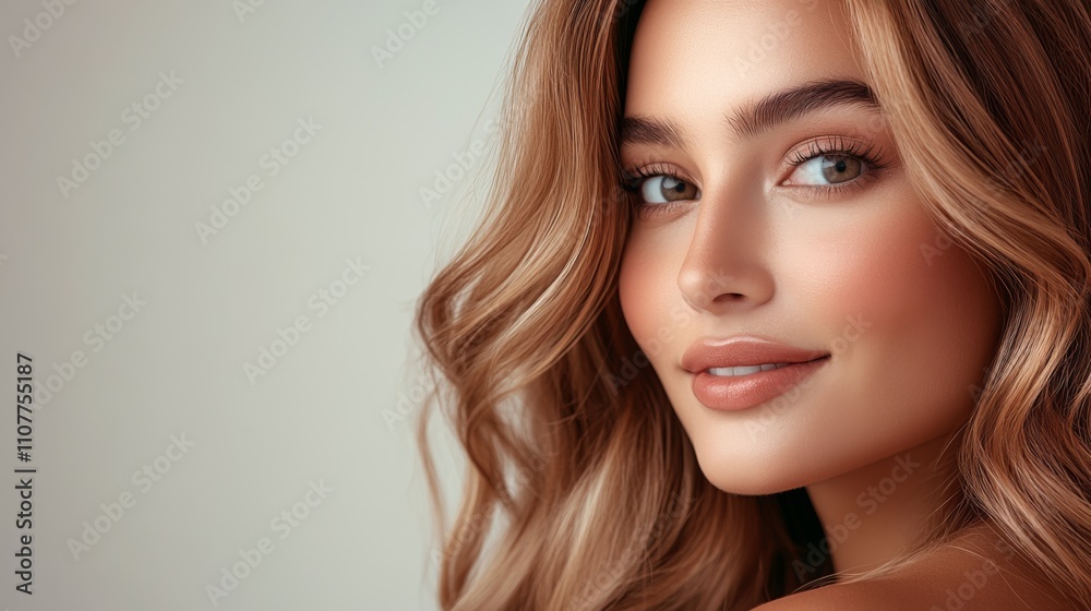 A portrait of an elegant woman with natural makeup and wavy hair, capturing a warm smile and a sophisticated, stylish look against a neutral background. A portrait of an elegant woman with natural makeup and wavy hair, capturing a warm smile and a sophisticated, stylish look against a neutral background.
